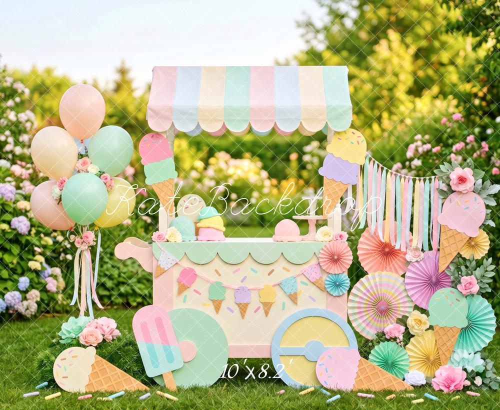 Kate Summer Garden Ice Cream Cart Pastel Balloons Flowers Kids Printed Backdrop Designed by Patty Roberts