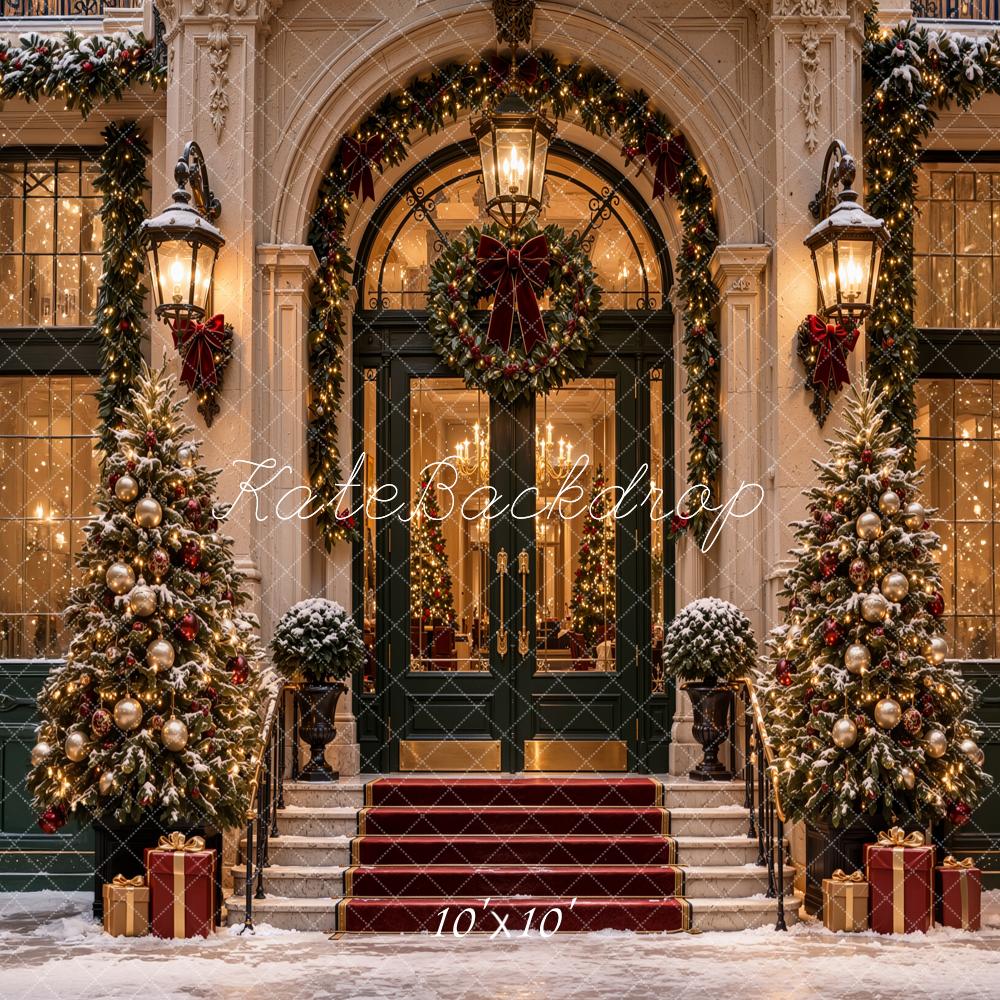 Kate Christmas City Snowy Grand Building Entrance Arch Wreaths Staircase Printed Backdrop Designed by Jordan Moon