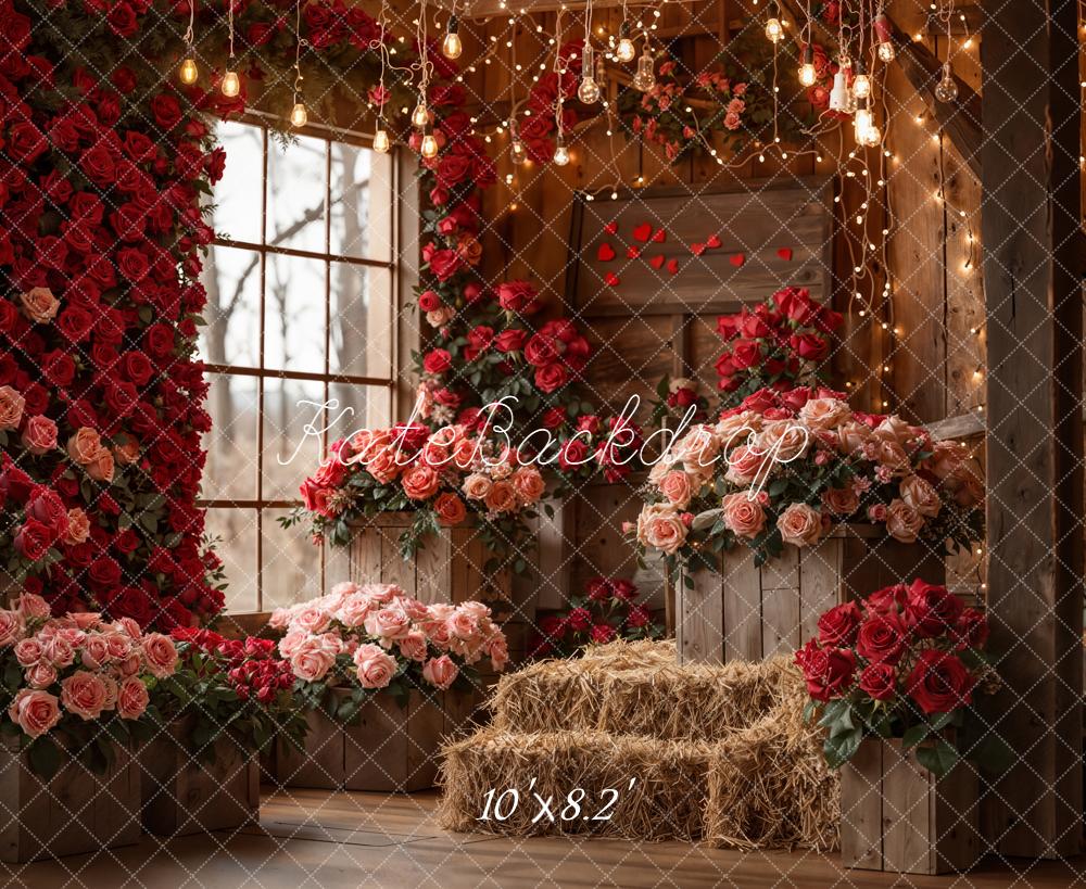 Kate Valentine's Day Roses Barn Floral Crates Hay Lights Backdrop Designed by Emetselch