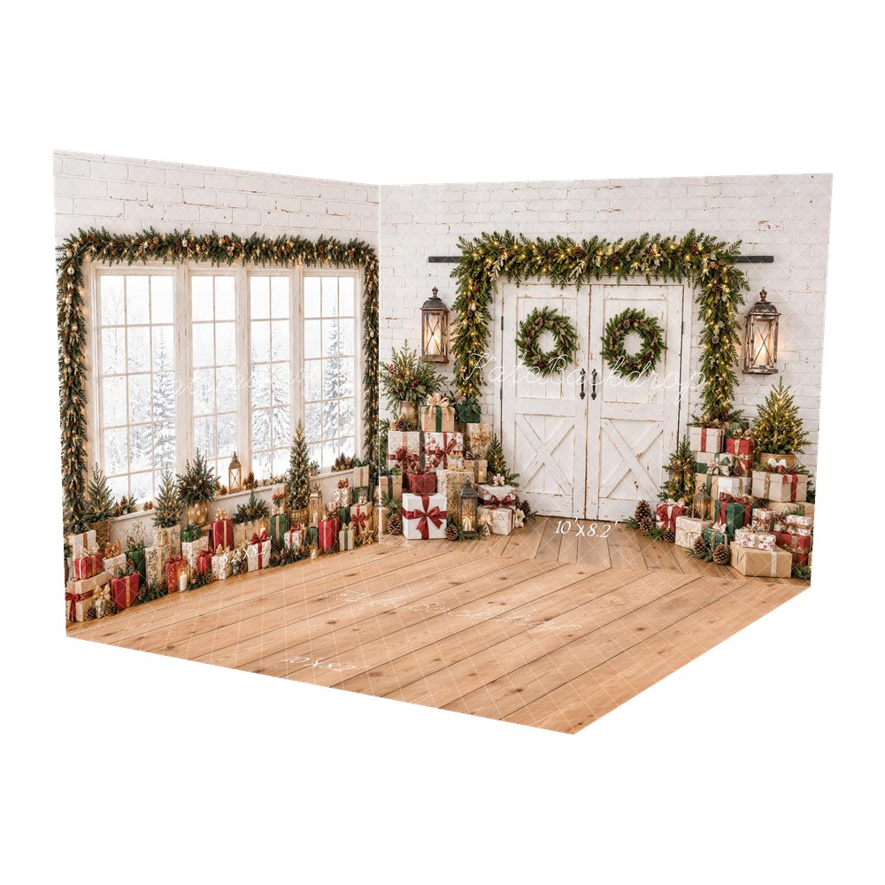 Kate Christmas White Barn Door Garland Wreath Lanterns Gift Boxes Printed Backdrop Room Set