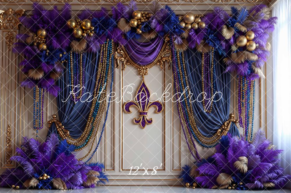 Kate Mardi Gras Fleur De Lis Purple Gold Beads Floral Curtain Backdrop Designed by Mini MakeBelieve