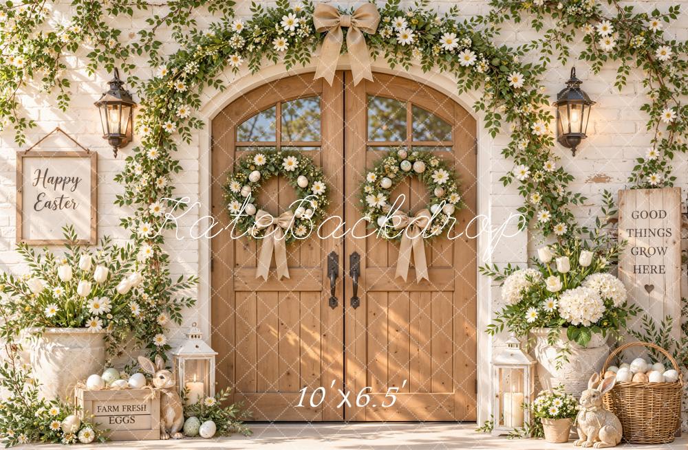 Kate Easter Wood Door Flower Arch Farmhouse Bunny Printed Backdrop Designed by Emetselch