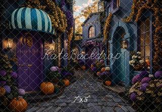 Kate Halloween Village Pumpkin Cobblestone Street Printed Backdrop Designed by Emetselch