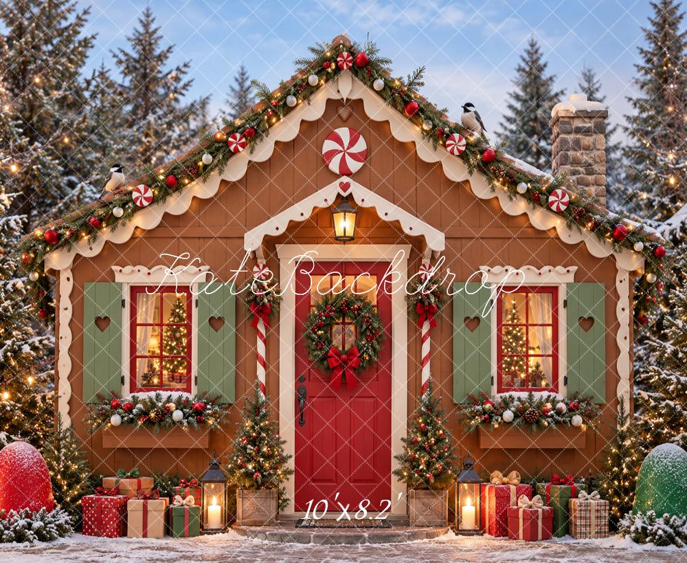Kate Christmas Gingerbread Cottage Candy Cane Snowy Forest Printed Backdrop Designed by Vertigo Productions