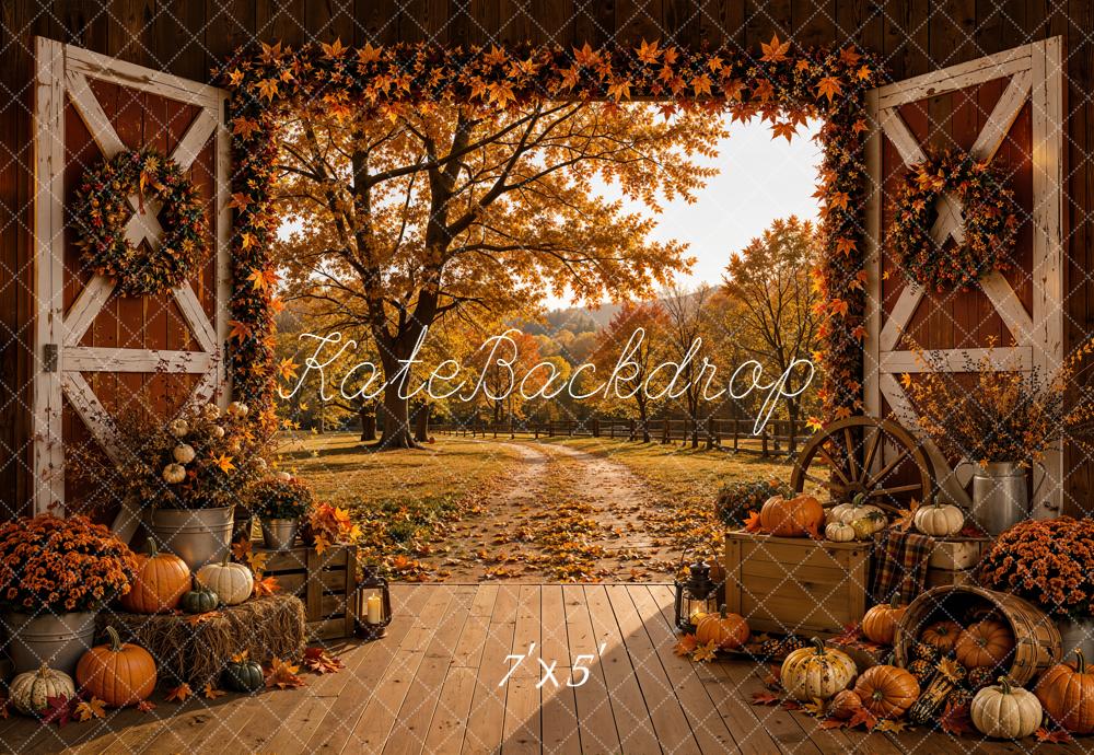 Kate Fall Barn Door Pumpkins Hay Bales Maple Leaves Printed Backdrop Designed by Emetselch