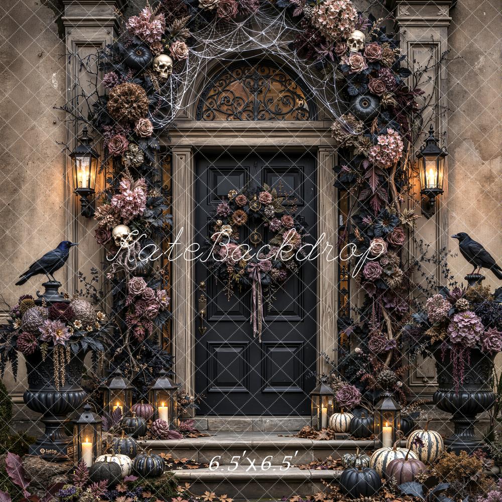 Kate Halloween Gothic Vintage Black Doorway Flower Arch Ravens Pumpkins Printed Backdrop Designed by Emetselch