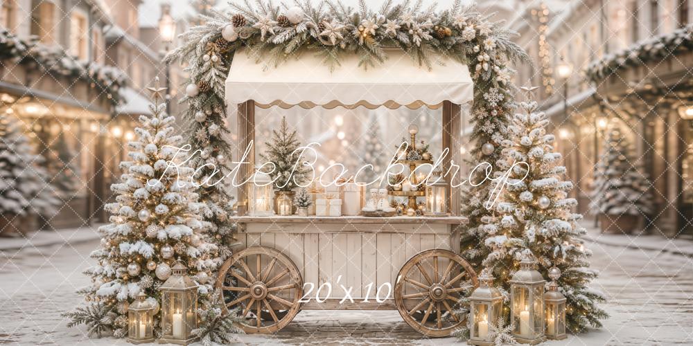 Kate Christmas Snowy Street Market Cart Trees Lanterns Printed Backdrop Designed by Emetselch