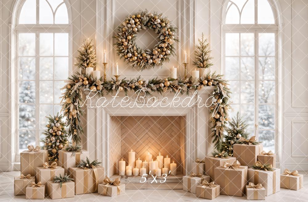 Kate Christmas Fireplace Wreath Garland Gifts White Window Printed Backdrop Designed by Emetselch
