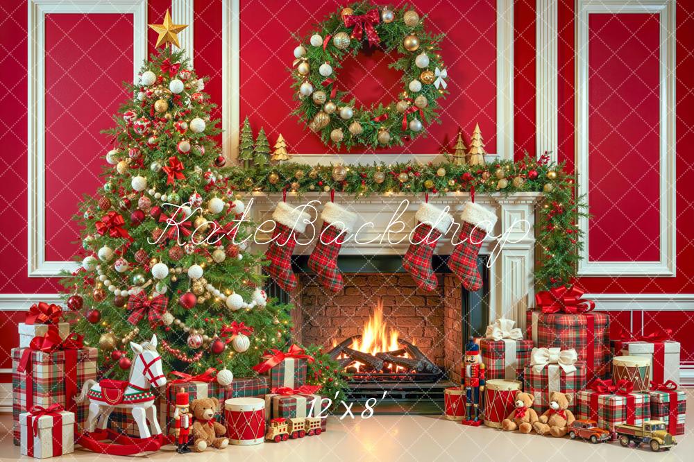 Kate Christmas Red Fireplace Christmas Tree Wreath Plaid Printed Backdrop Designed by Mini MakeBelieve