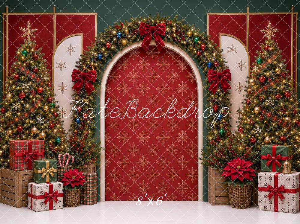 Kate Christmas Red Arch Garland Trees Presents Bow Printed Backdrop Designed by Shutter Swan Studios