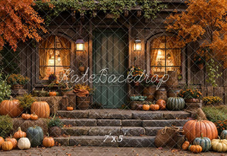 Kate Fall Pumpkins Rustic Porch Maple Trees Printed Backdrop Designed by Emetselch