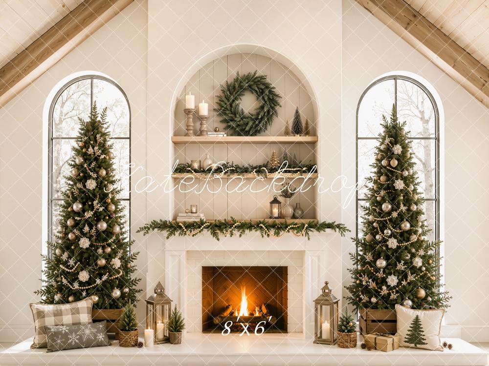 Kate Christmas Beige Fireplace Trees Mantel Gable Roof Printed Backdrop Designed by Emetselch