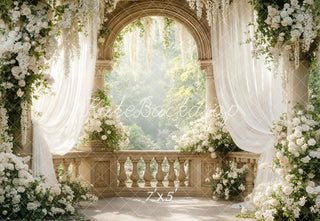 Kate Spring Flower Arch White Roses Draped Curtains Balcony Printed Backdrop Designed by Emetselch