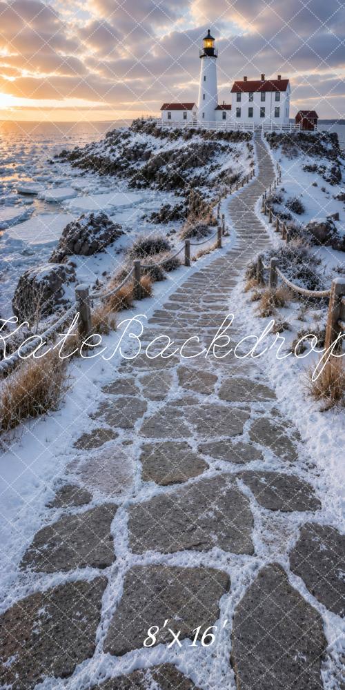Kate Sweep Winter Snowy Lighthouse Coastal Stone Path Printed Backdrop Designed by Vertigo Productions