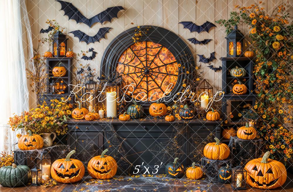 Kate Halloween Pumpkin Spiderweb Bat Black Cabinets Backdrop Designed by Emetselch