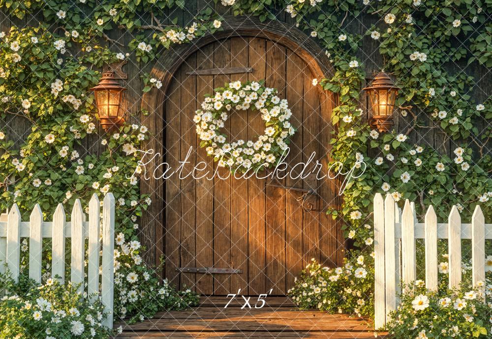 Kate Spring Wooden Door White Floral Wreath Garden Fence Backdrop Designed by Emetselch