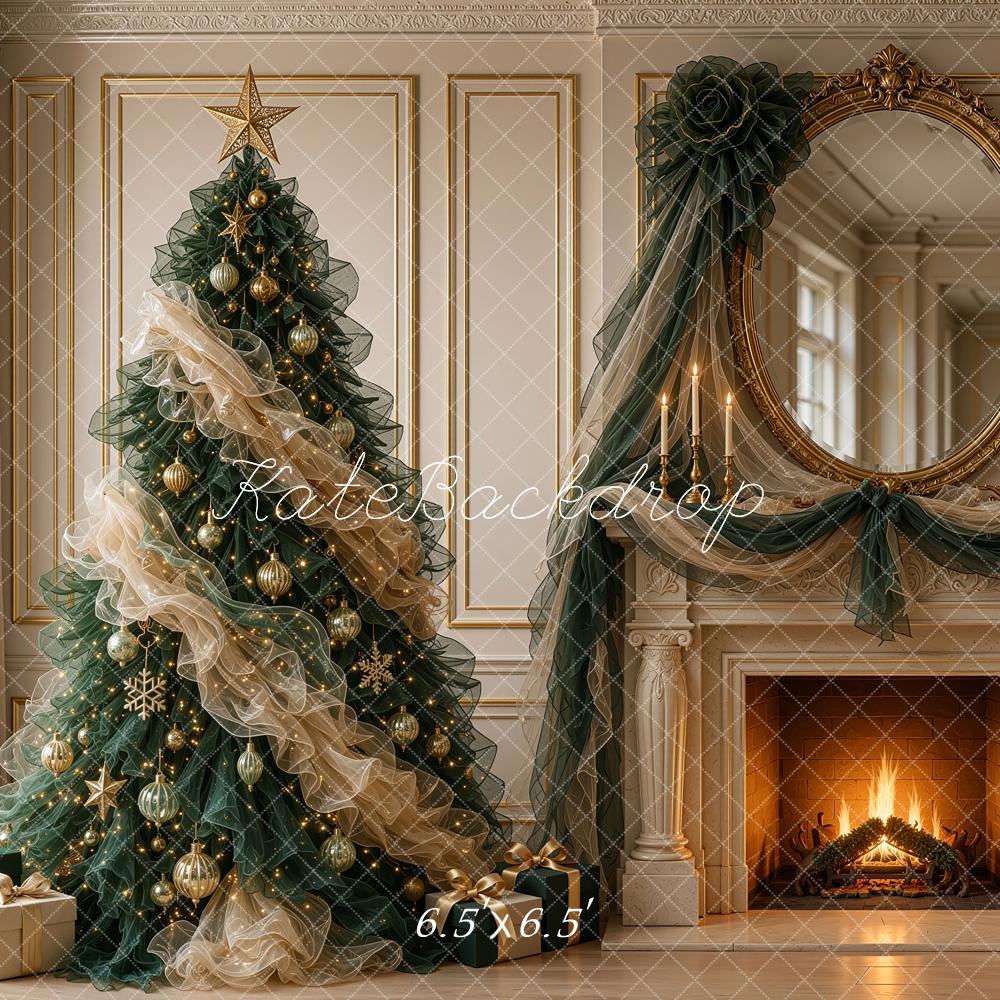Kate Christmas Tree Tulle Fireplace Ornate Mirror Antique Printed Backdrop Designed by Shutter Swan Studios
