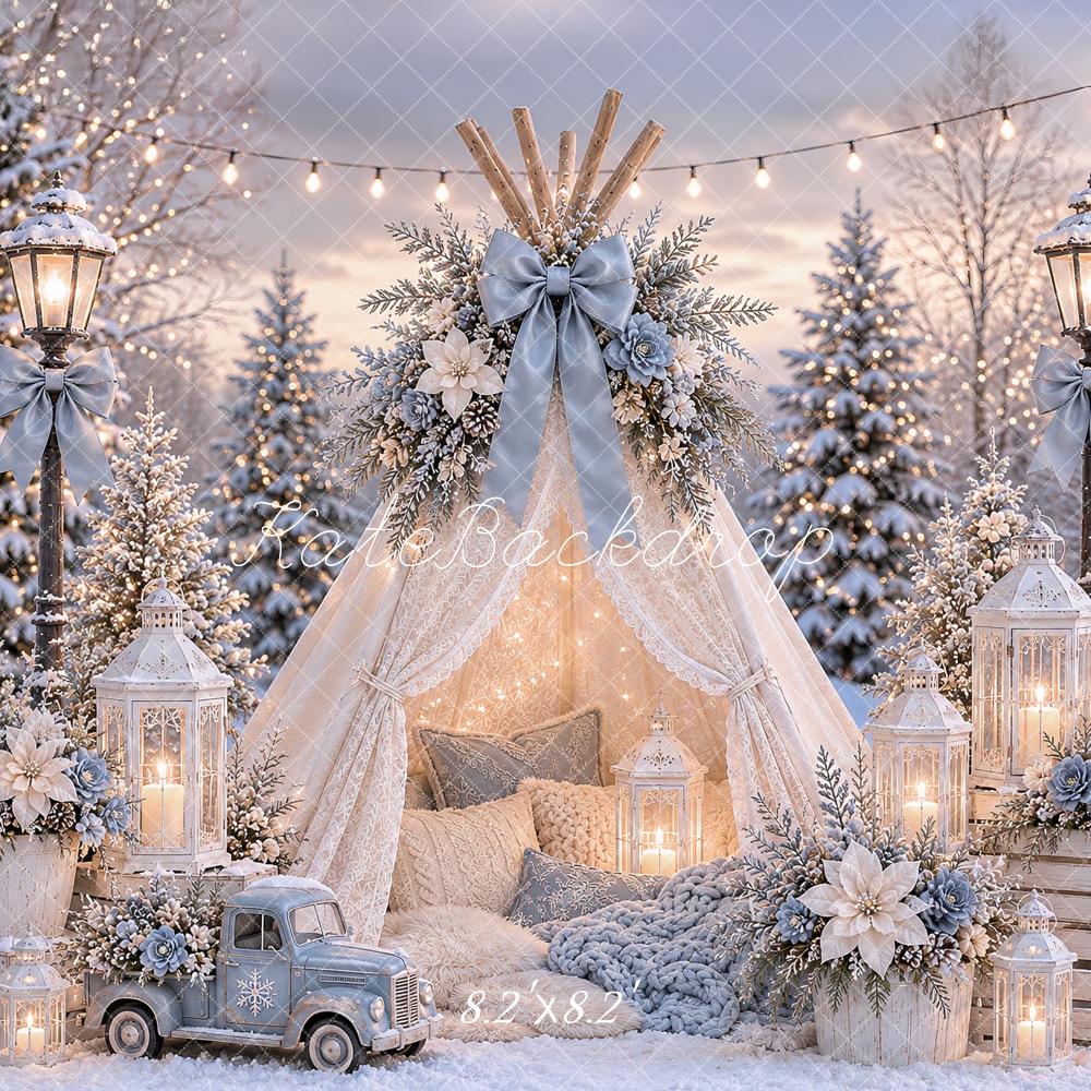 Kate Christmas Forest Lace Teepee Lamps Vintage Truck Bow Printed Backdrop Designed by Ashley Paul
