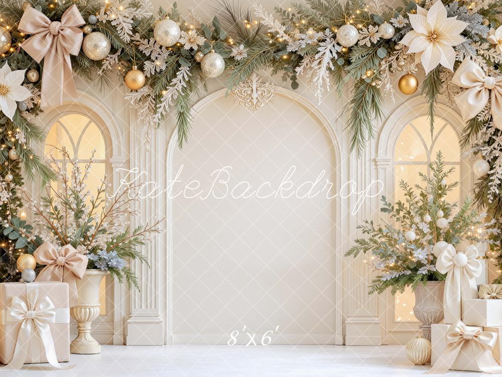 Kate Christmas White Gold Arch Poinsettias Garland Gifts Printed Backdrop Designed by Mini MakeBelieve