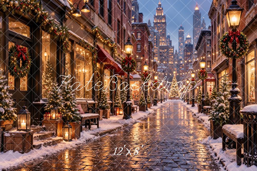 Kate Christmas City Street Snowy Buildings Cobblestone Printed Backdrop Designed by Jordan Moon
