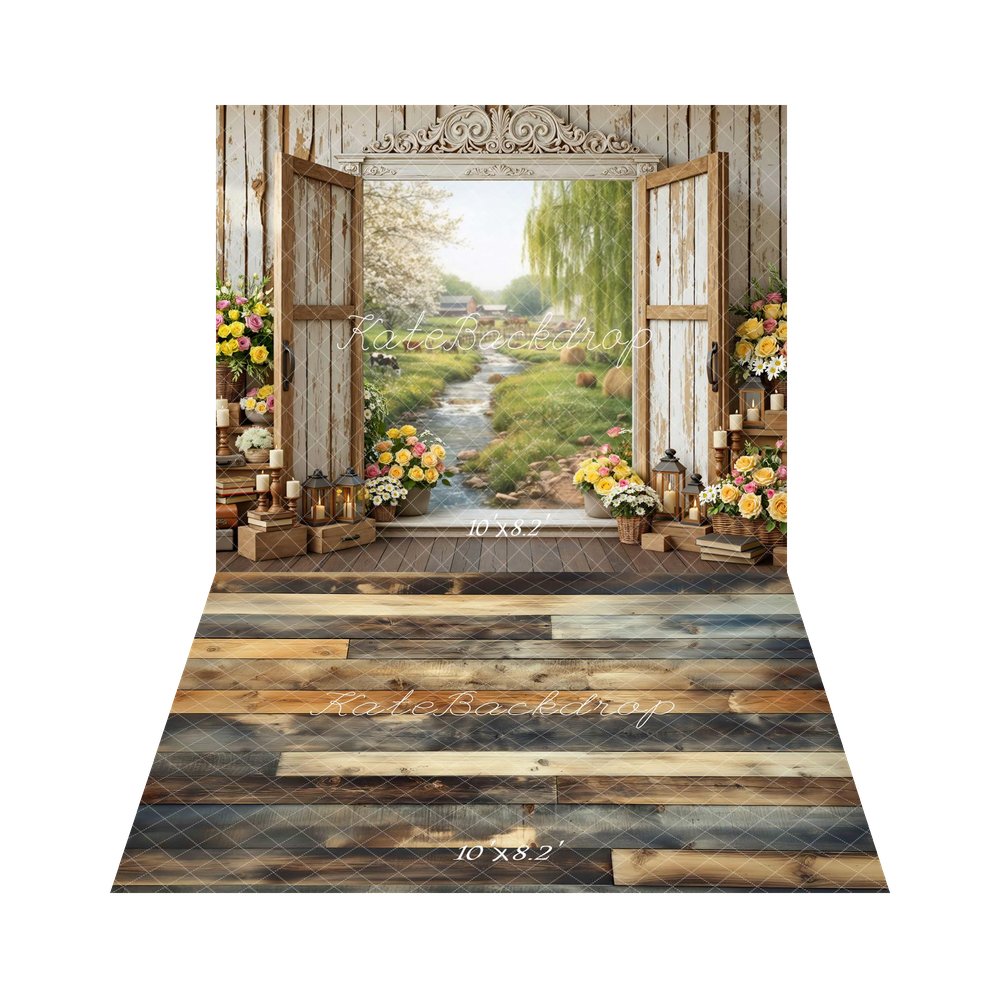 Kate Spring Rustic Door Spring Flowers River View Backdrop+Rustic Wood Plank Floor Backdrop