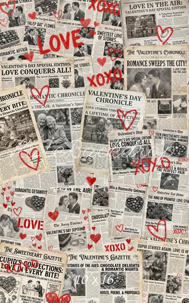 Kate Sweep Valentine's Day Newspaper Collage Red Hearts Backdrop Designed by Chain Photography