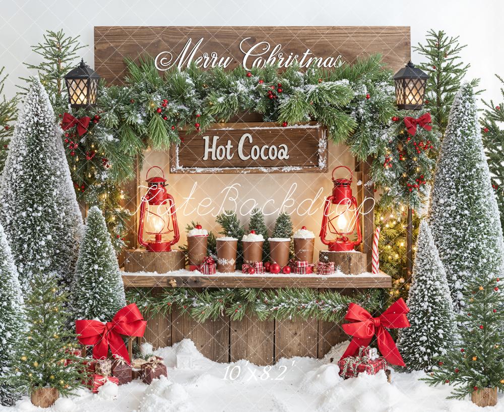 Kate Christmas Hot Cocoa Stand Snowy Pine Trees Lantern Backdrop Designed by Emetselch