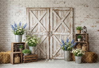 Kate Spring Rustic Barn Doors Crates Flowers Hay White Brick Wall Printed Backdrop Designed by Emetselch