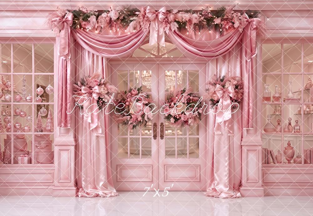 Kate Christmas Shop Pink Floral Doorway Drapery Bow Printed Backdrop Designed by Angela Miller