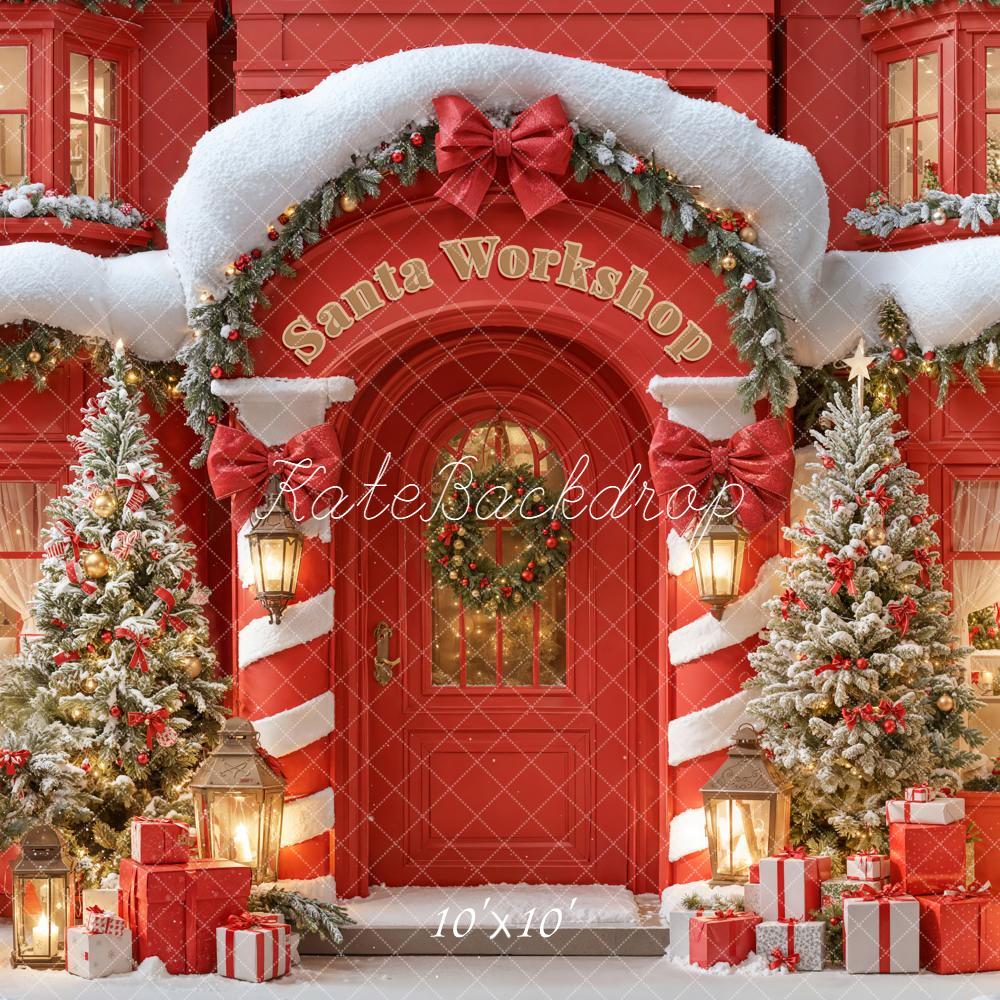 Kate Christmas Santa Workshop Red Snowy Trees Presents Backdrop Designed by Emetselch