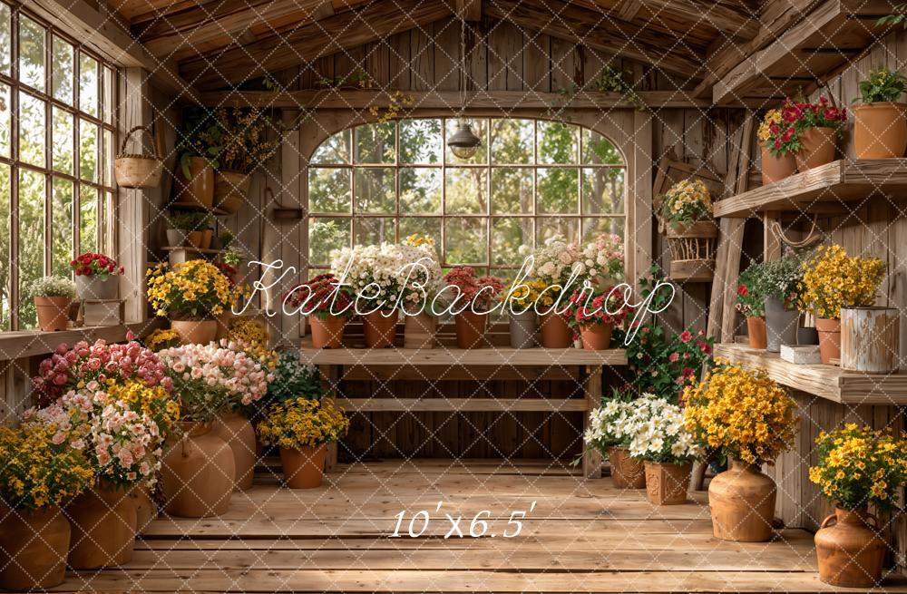 Kate Spring Rustic Wooden Greenhouse Flower Pots Backdrop Designed by Emetselch
