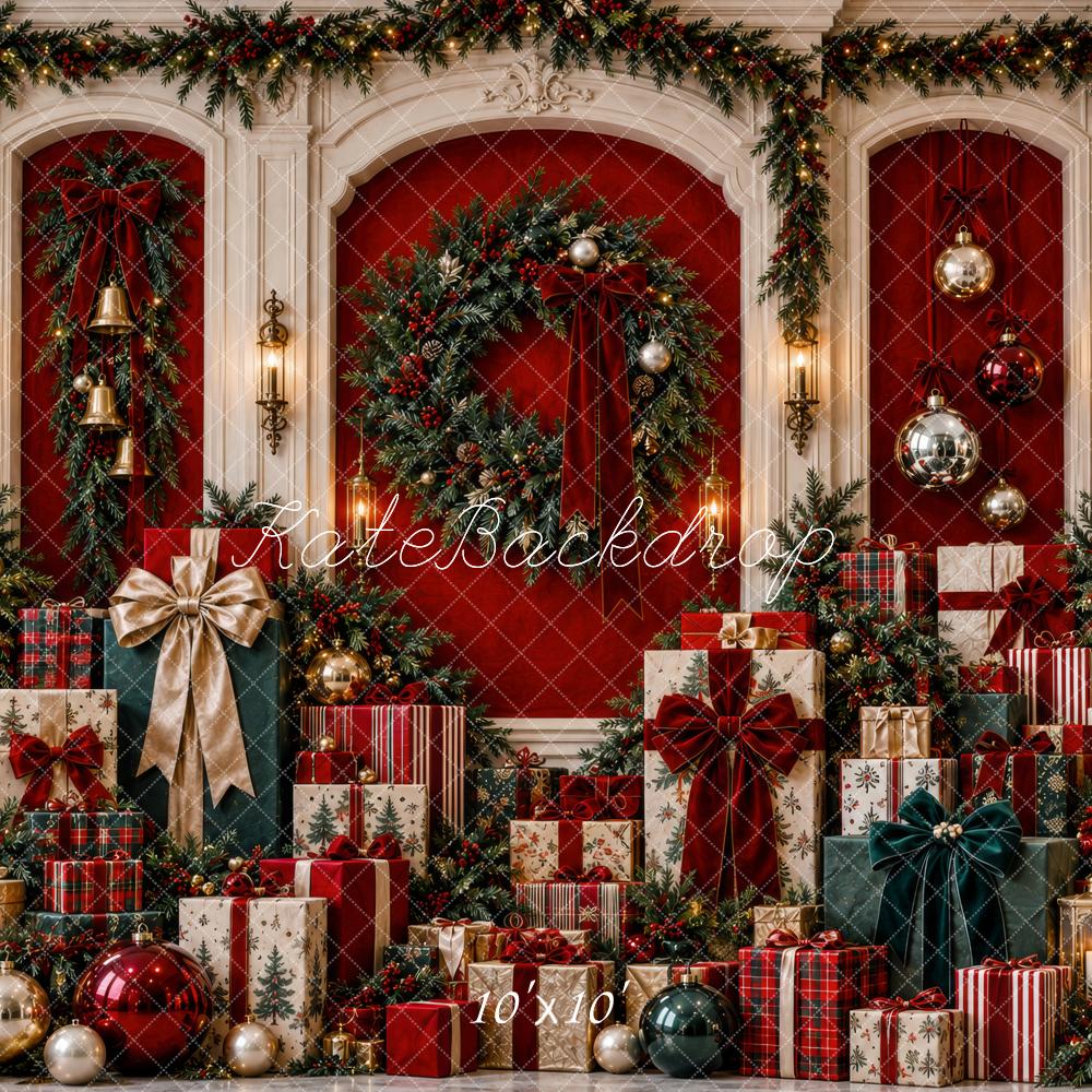 Kate Christmas Garland Wreath Gift Boxes Red Printed Backdrop Designed by Patty Roberts