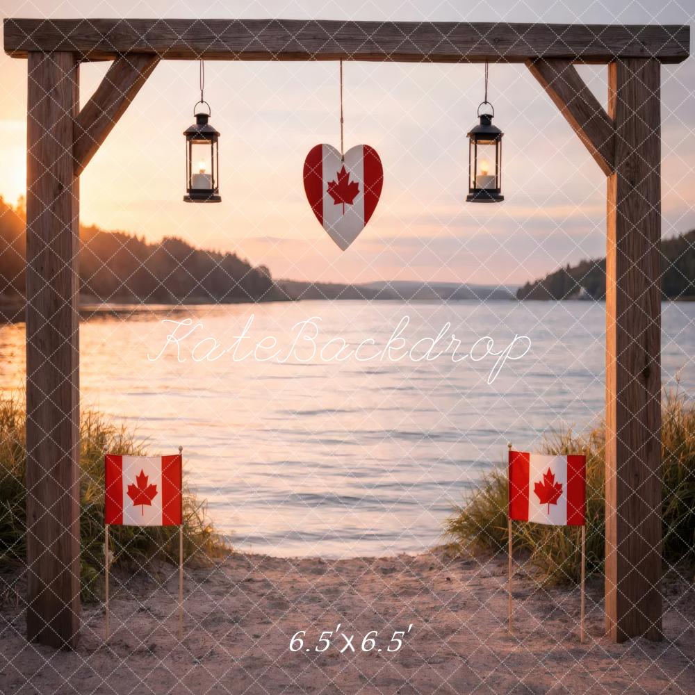 Kate Canada Flags Wooden Arch Lake Sunset Printed Backdrop Designed by Vertigo Productions