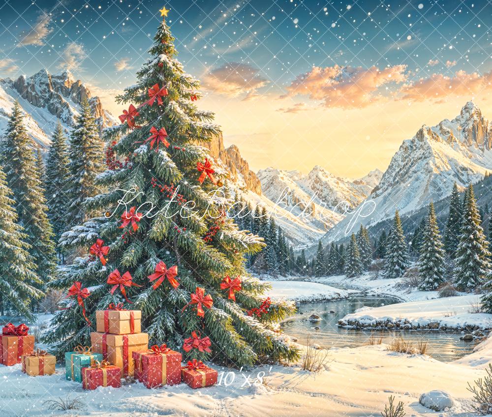 Kate Christmas Tree Mountain Snowy Gifts Backdrop Designed by Emetselch