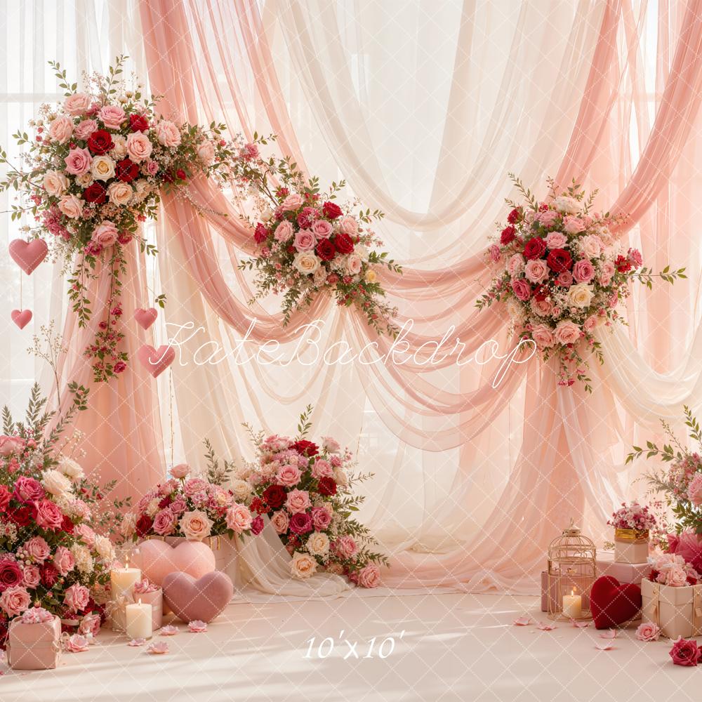 Kate Valentine's Day Pink Sheer Rose Floral Drapery Printed Backdrop Designed by Emetselch