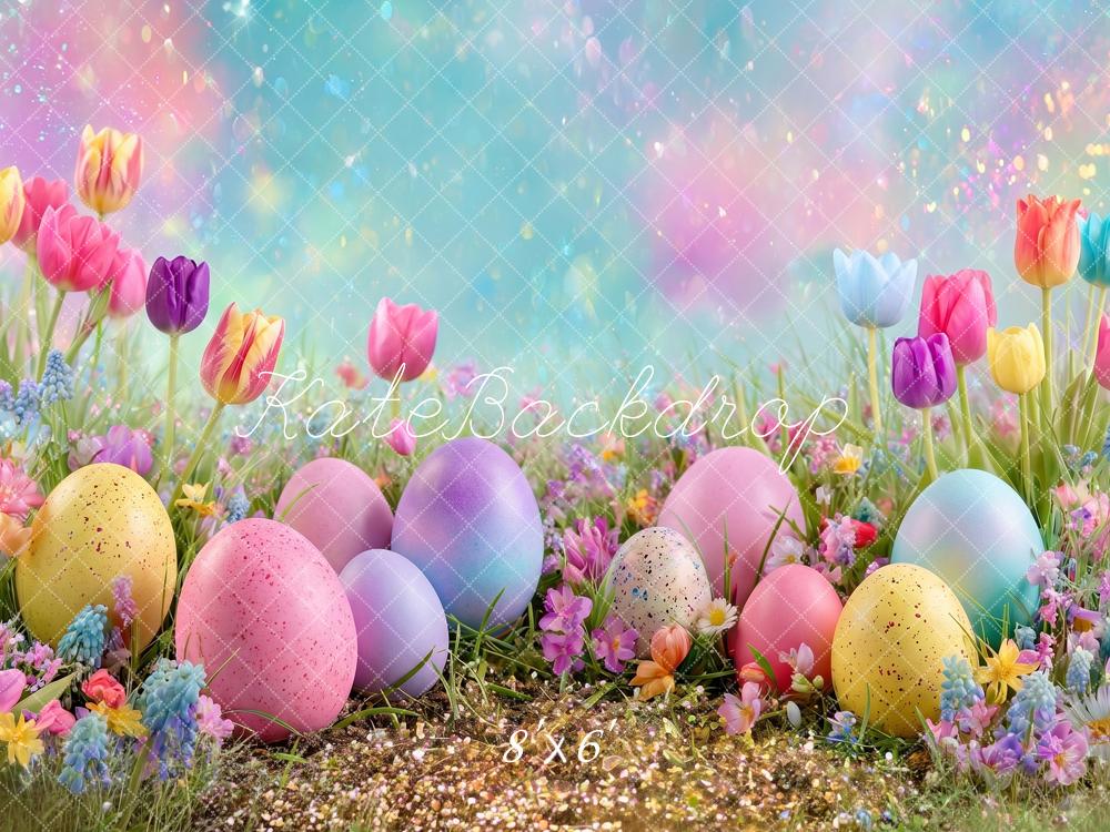 Kate Easter Colorful Eggs Tulip Flower Garden Field Printed Backdrop Designed by Angela Miller