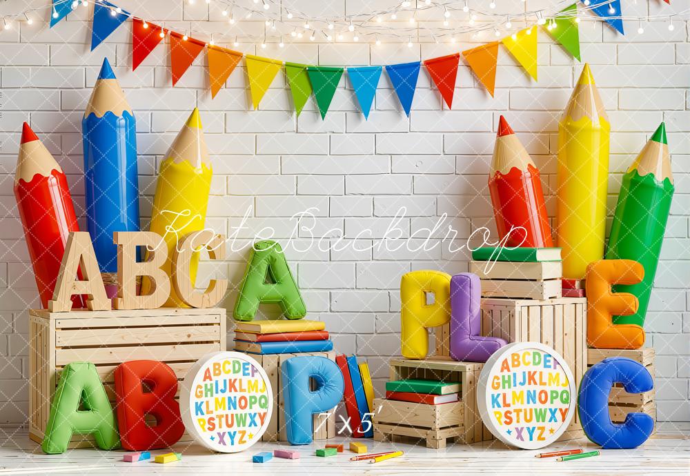 Kate Back To School Giant Colorful Pencils Alphabet Crates Printed Backdrop Designed by Emetselch
