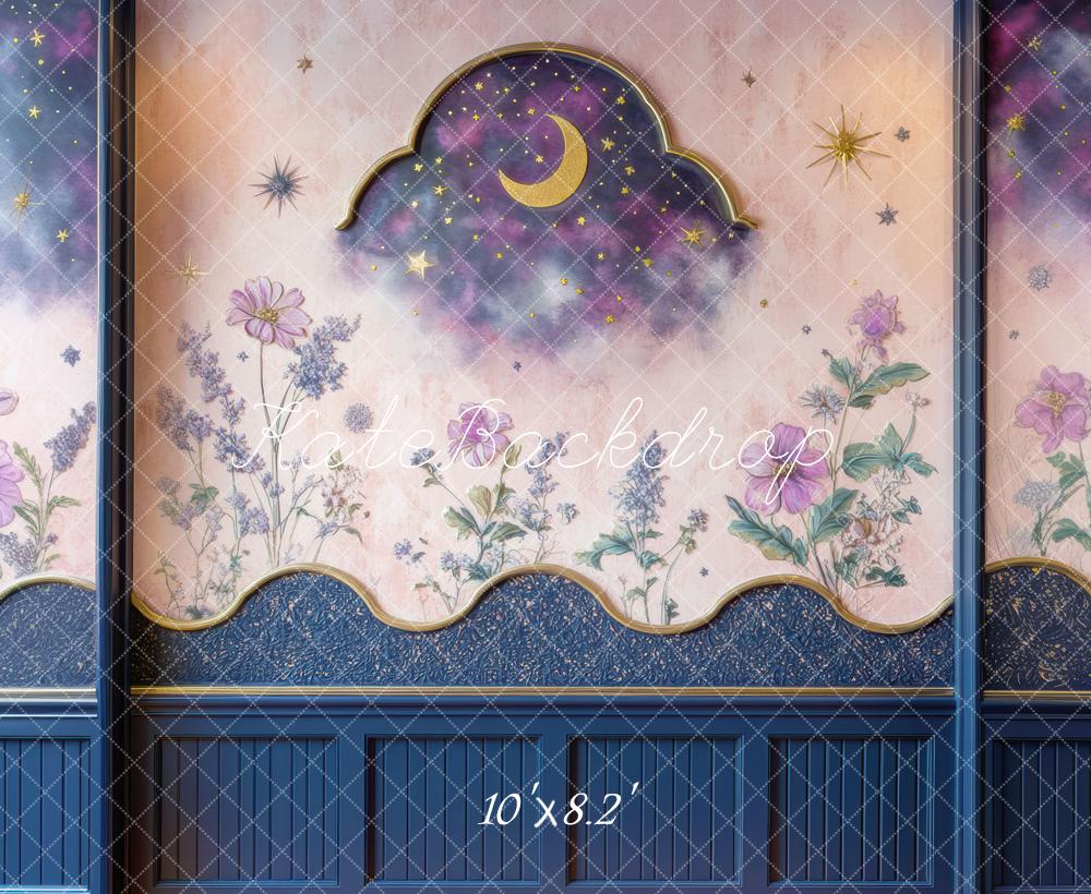 Kate Fine Art Moon Stars Floral Night Sky Wall Backdrop Designed by Mini MakeBelieve