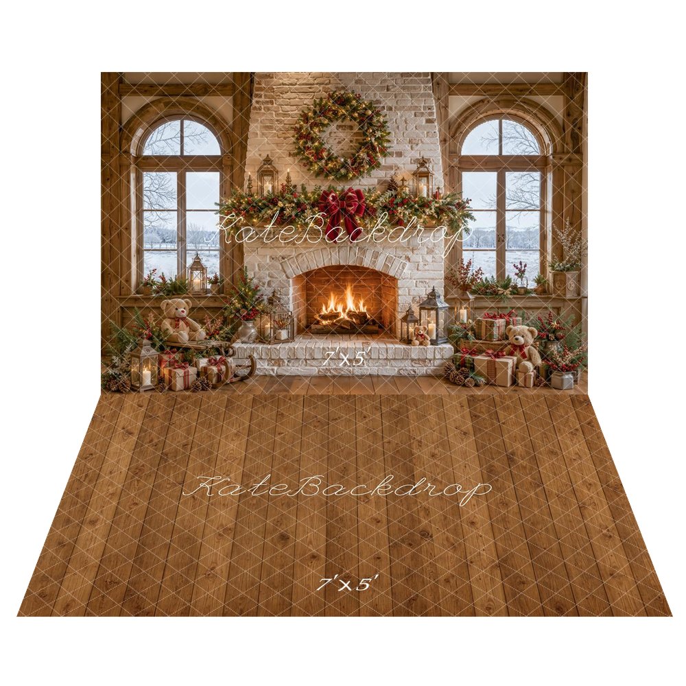 Kate Christmas Stone Fireplace Wreath Garland Lanterns Teddy Bear Printed Backdrop+Brown Wood Plank Floor Printed Backdrop