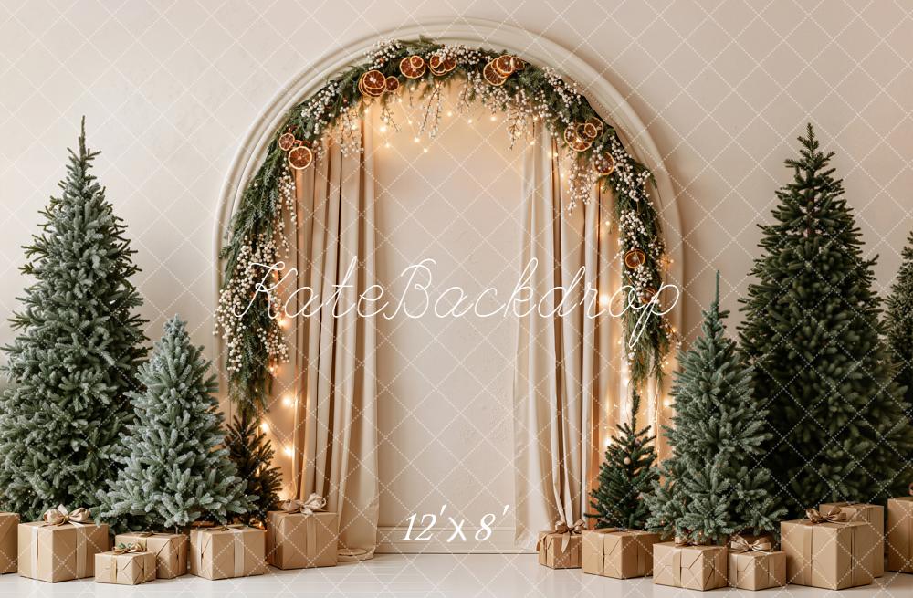 Kate Christmas Pine Garland Arch Pine Trees Presents Beige Printed Backdrop Designed by Emetselch