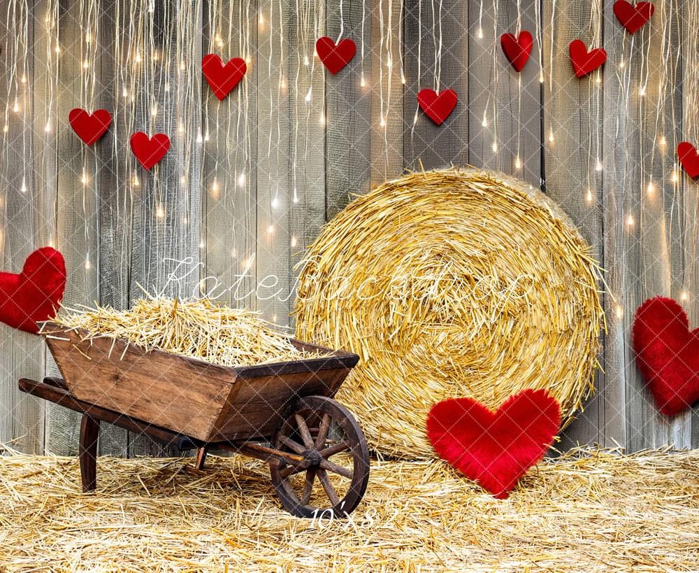 Kate Valentine's Day Hay Bale Wheelbarrow Hearts Printed Backdrop Designed by Fantasyphotoart
