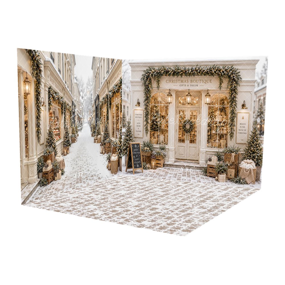 Kate Christmas Boutique Storefront Street Garland Gifts Printed Backdrop Room Set