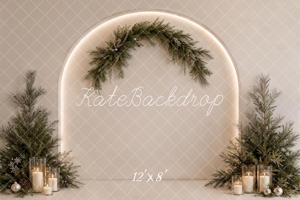 Kate Christmas Minimalist Beige Evergreen Arch Candlelight Printed Backdrop Designed by Emetselch