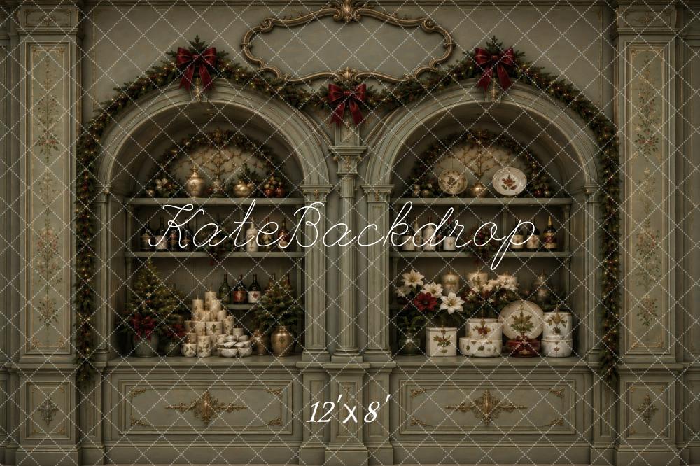 Kate Christmas Vintage Green Cabinet Garland Printed Backdrop Designed by Vertigo Productions