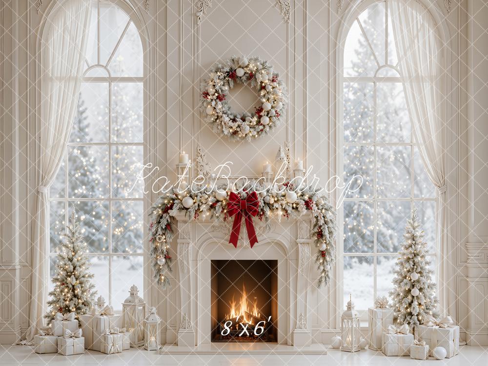 Kate Christmas Fireplace Wreath Trees Window Presents White Printed Backdrop Designed by Emetselch