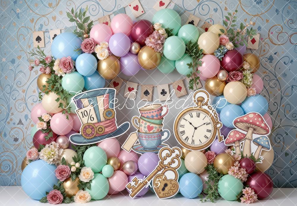 Kate Cake Smash Fantasy Wonderland Tea Party Balloons Flowers Playing Cards Printed Backdrop Designed by Mini MakeBelieve