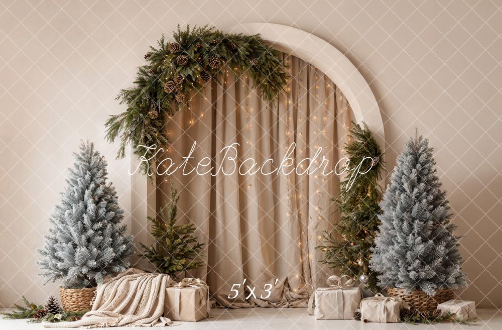 Kate Christmas Pine Arch Beige Drapes Garland Trees Gifts Printed Backdrop Designed by Emetselch