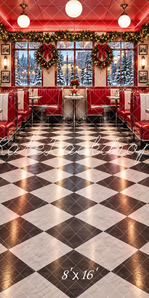 Kate Sweep Christmas Red Diner Checkerboard Floor Printed Backdrop Designed by Vertigo Productions