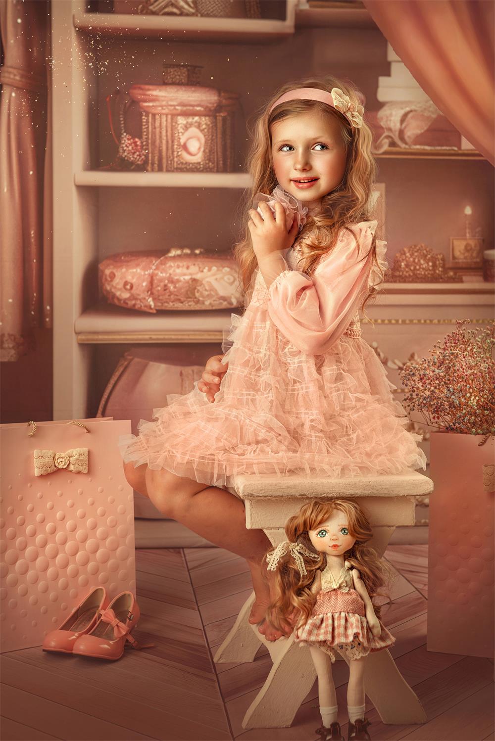Kate Fashion Doll Princess Closet Backdrop+Beige Wood Rubber Floor Mat