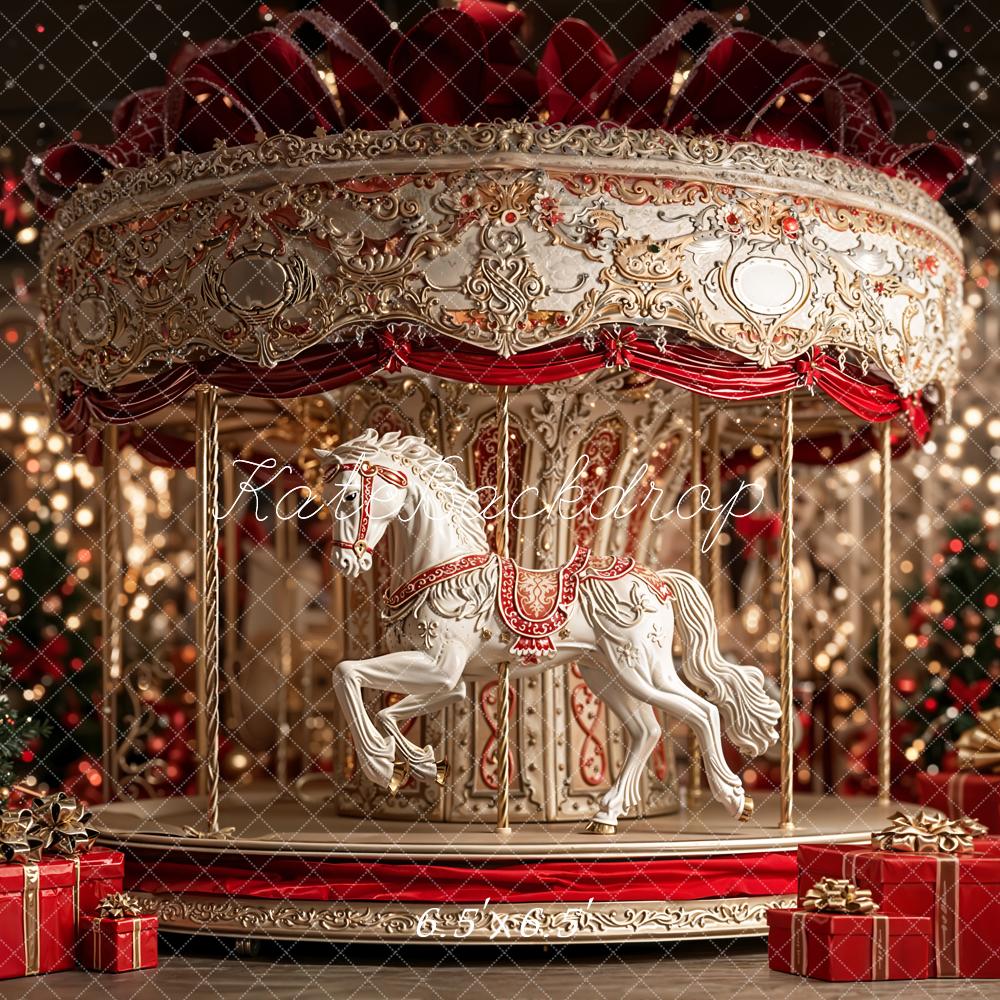 Kate Christmas Carousel White Horse Red Gifts Printed Backdrop Designe